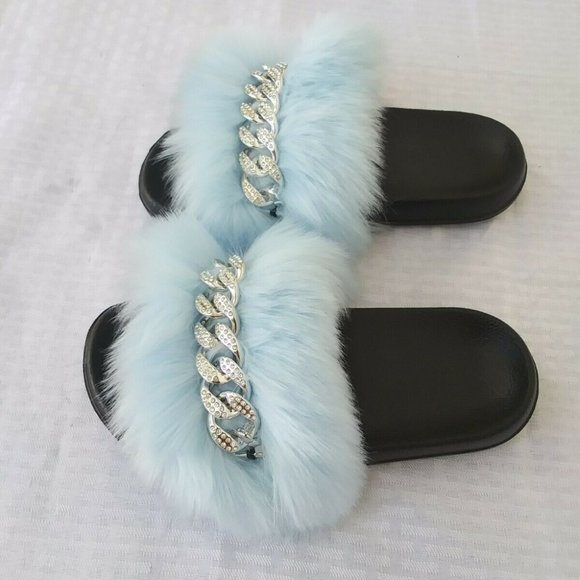 Light Blue Faux Fur Slides/Slippers/With Chain - Picture 2 of 5